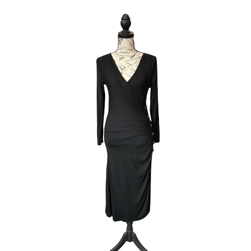 Mikarose Womens Black Long‎ Sleeve Ruched Faux Wrap Midi Dress Silver Buttons M